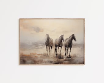 Wild Horses Wall Art, Wild Horse Landscape Painting, Neutral Western Horse Decor, Rustic Ranch Artwork, Digital Download