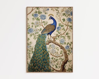 Peacock Wall Art Vintage Peacock Print William Morris Inspired Emerald Green Art Sage Green Wall Art Bird Art Digital Download