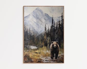 Rustic Brown Grizzly Bear Wall Art Dark Forest Wall Art Rustic Wildlife Painting Cabin Home Decor Vintage Bear Art Print Printable