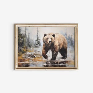 Arte de parede com pintura rústica de urso pardo canadense | Estampa de animal de paisagem temperamental | Pintura de vida selvagem vintage | Arte de parede de berçário de urso | BAIXAR