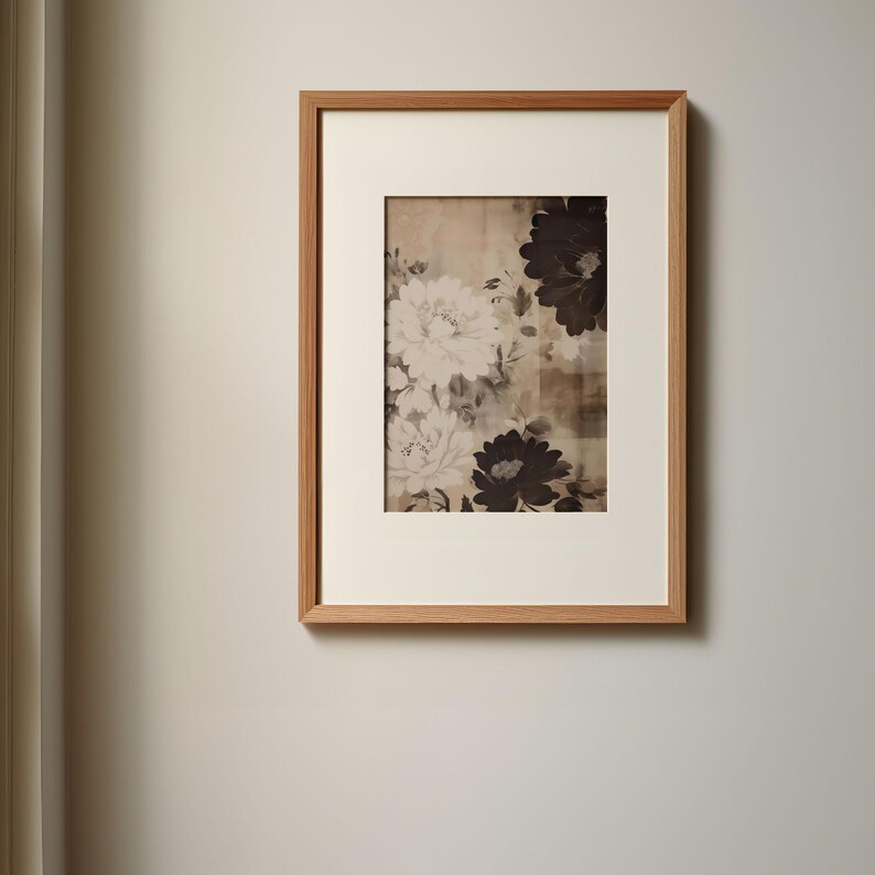 Vintage Floral Wall Art Print, Moody Botanical Decor, Antique Flower Illustration, Neutral Floral Textile Art, Digital Download image 9