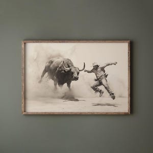 Minimalistische Cowboy und Stier Bleistift Skizze Wandkunst | Südwesten Wanddekor | Rustikale Bauernhaus Wand Kunst | Große Western Wandkunst | HERUNTERLADEN