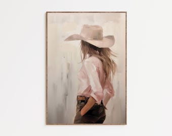 Afdrukbare kunst aan de muur cowgirl, vrouwelijk western schilderij, decor aan de kust cowgirl, roze westerse esthetiek