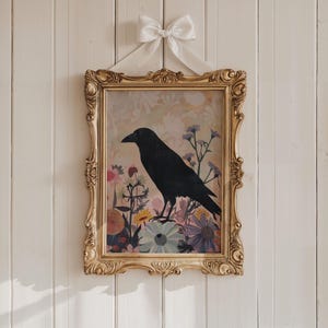 Dark Floral Raven Wall Art Gothic Crow Print Witchy Cottagecore Bird Artwork Moody Dark Bird Illustration Dark Folk Art Raven