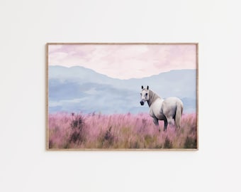 White Horse Wall Art Printable, Pastel Horse Painting, Pink Western Decor, Feminine Western Artwork