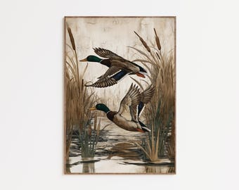 Mallard Duck Wall Art, Rustic Marsh Wildlife Painting, Hunting Lodge Decor, Vintage Duck Art, Cabin Wall Decor, Framed Fine Art Gift for Him