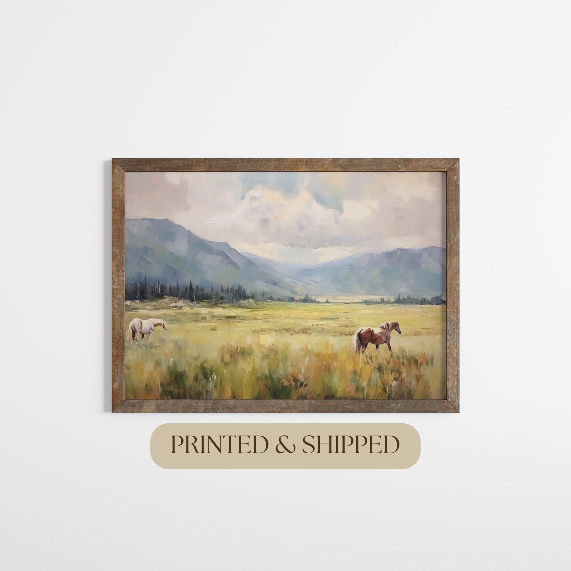 Rustic Landscape Wild Horses In Field Wall Art Large Modern Western Wall Art American Country Art Vintage Horse Print Horse Lover Gift