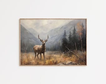 Deer Wall Art, Mountain Elk Painting, Rustic Cabin Decor, Wildlife Landscape Print, Lodge Wall Decor, Framed Fine Art, Gift for Him