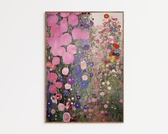 Arte mural de jardín floral de Gustav Klimt, lámina floral Art Nouveau, decoración vintage de jardín botánico, arte floral rosa coqueto, descarga digital.