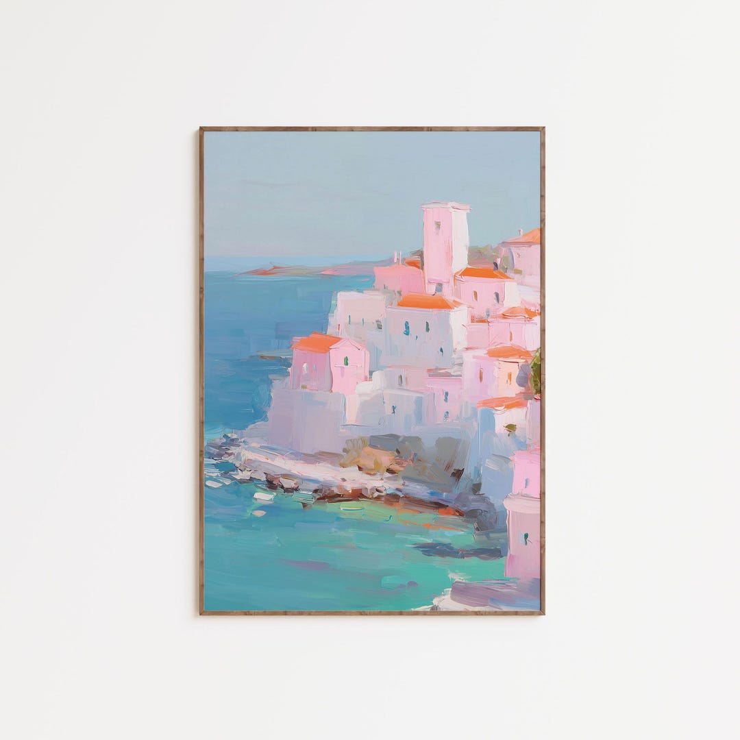 Pastel Mediterranean Coastal Wall Art, Italian Seaside Village Print ...