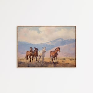 ヴィンテージ馬の絵画：雄大な馬の群れ、田園風景（デジタル