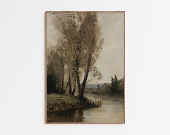 Moody River Landscape Wall Art, Vintage Forest Painting, Rustic Nature Decor, Neutral Cabin Wall Art, Framed Fine Art, Heirloom Gift