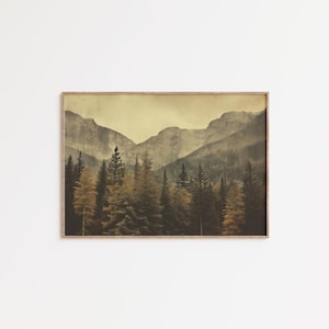 Fotografía de estilo vintage, arte mural de pino de montaña, arte mural masculino, impresión de pino vintage, cabaña de troncos, decoración del hogar, arte mural de naturaleza melancólica