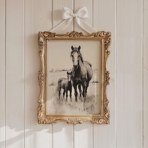 Mare & Foal Horse Sketch | Western Wall Art | Vintage Horse Print | Western Room Decor | Rustic Home Decor | Southwest Wall Art PRINTABLE