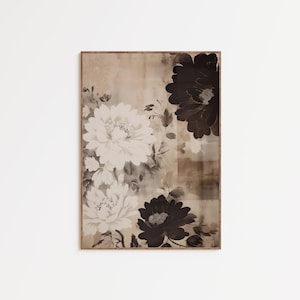 Vintage Floral Wall Art Print, Moody Botanical Decor, Antique Flower Illustration, Neutral Floral Textile Art, Digital Download image 1