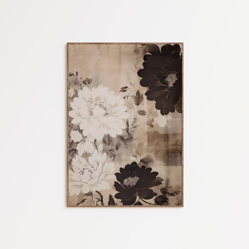 Vintage Floral Wall Art Print, Moody Botanical Decor, Antique Flower Illustration, Neutral Floral Textile Art, Digital Download image 1