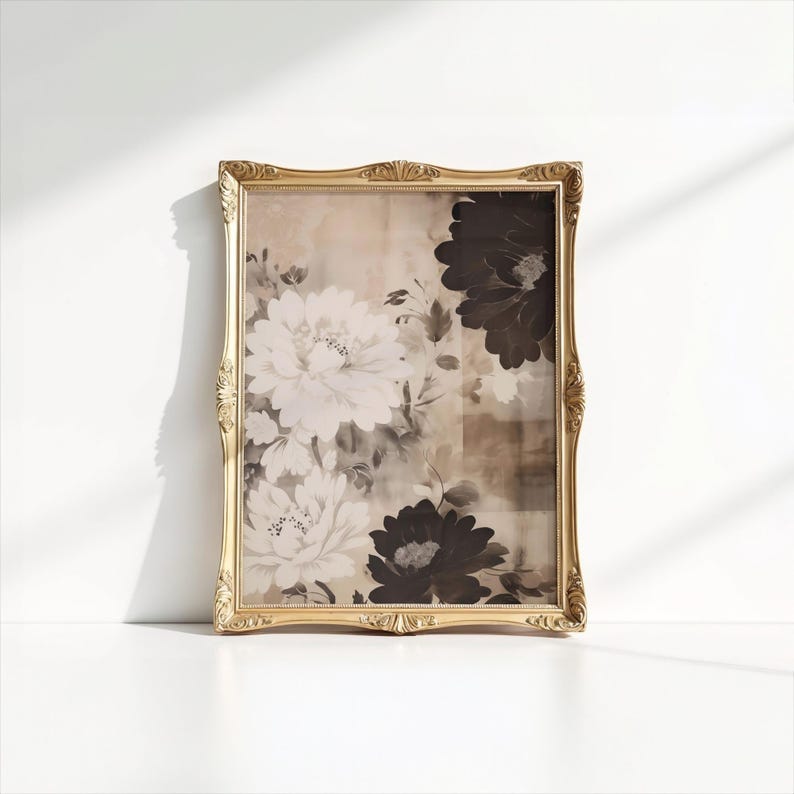 Vintage Floral Wall Art Print, Moody Botanical Decor, Antique Flower Illustration, Neutral Floral Textile Art, Digital Download image 6