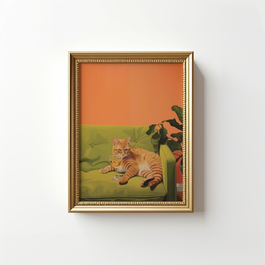 Funny Cat and Wine Retro Art Print, Boho Kitchen Decor (digital ...