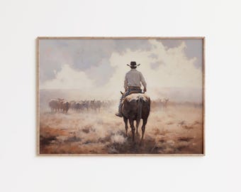 Cowboy Cattle Drive Wall Art Printable, Western Ranch Landscape, Rustic Cowboy Artwork, American West Decor, Digital Download