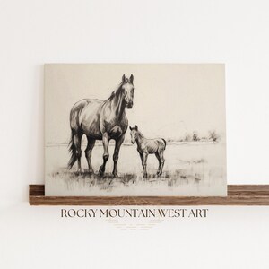 Mare & Foal Horse Sketch | Western Wall Art | Vintage Horse Print | Western Room Decor | Rustic Home Decor | Southwest Wall Art PRINTABLE
