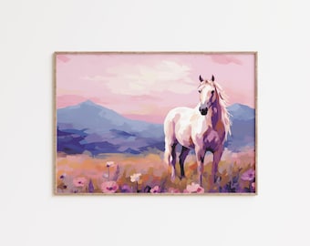 Pink Horse Wall Art Printable, Pastel Wild Horse Painting, Feminine Western Decor, Cowgirl Room Decor