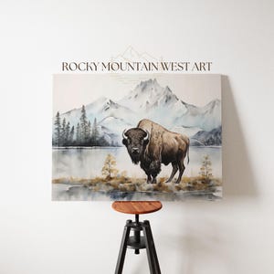 Bison Mountain Poster Print, American Bison Painting, Western Wall Art Decor, Bison Poster, Vintage Wall Art, Montana Art, Western Wildlife