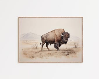 Bison Wand Kunst zum ausdrucken, amerikanischer Büffel Kunst, Western Landschaft Druck, rustikale Ranch Dekor Vintage Wildtiere Kunst, digitaler Download