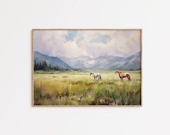 Impresión de paisaje de caballo del oeste, arte de caballo de valle montañoso, decoración rústica de prado de rancho, pintura de caballo campestre, descarga digital