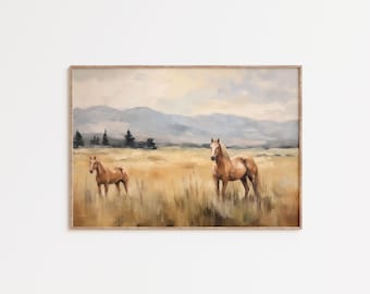 Mare and Foal Wall Art, Wild Horse Family Landscape, Western Prairie Horse Painting, Rustic Ranch Decor, Digital Download