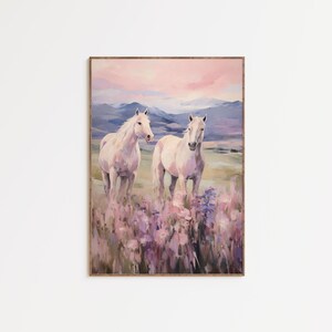 白い馬のウォールアート（印刷可能）、パステルカラーの馬の絵画、フェミニンなウエスタンインテリア、カウガールルームアート