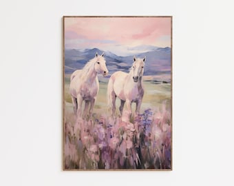 White Horses Wall Art Printable, Pastel Horse Painting, Feminine Western Decor, Cowgirl Room Art