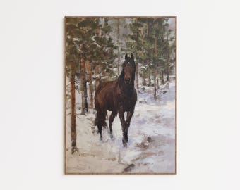 Quadro da parete raffigurante un cavallo marrone, dipinto di un cavallo nella foresta invernale, arredamento rustico da lodge, arredamento da parete equestre, stampa artistica da baita western