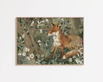William Morris Fox Print | William Morris Art | Sage Green Wall Art | Farmhouse Home Decor | Vintage Textile Print | Digital Download