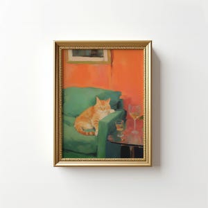 おもしろいオレンジ色の猫のウォールアート、猫のレトロなウォールアート、バーカートの装飾、レトロなキッチンの装飾、トレンディなウォールアート、ドーパミンの装飾、猫ママへのギフト（印刷可能）