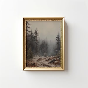 Vintage Stil Nebel Kieferwald Gemälde | Grüner Wald Wandbild | Rustikale Wohnkultur | Natur Wand Kunst | Landschaft Kunst | DIGITAL