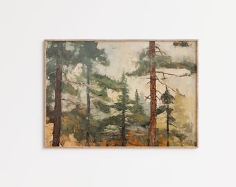Rustic Pine Forest Painting Vintage Pine Tree Print Woodland Nursery Wall Art Cabin Wall Decor Rustic Home Decor Moody Wall Art Printable