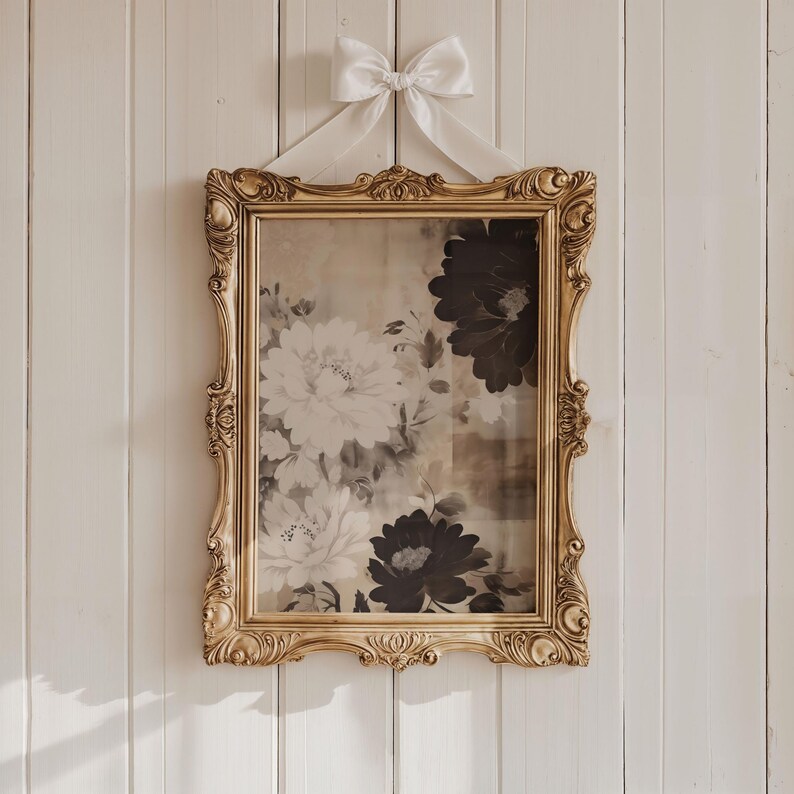 Vintage Floral Wall Art Print, Moody Botanical Decor, Antique Flower Illustration, Neutral Floral Textile Art, Digital Download image 7