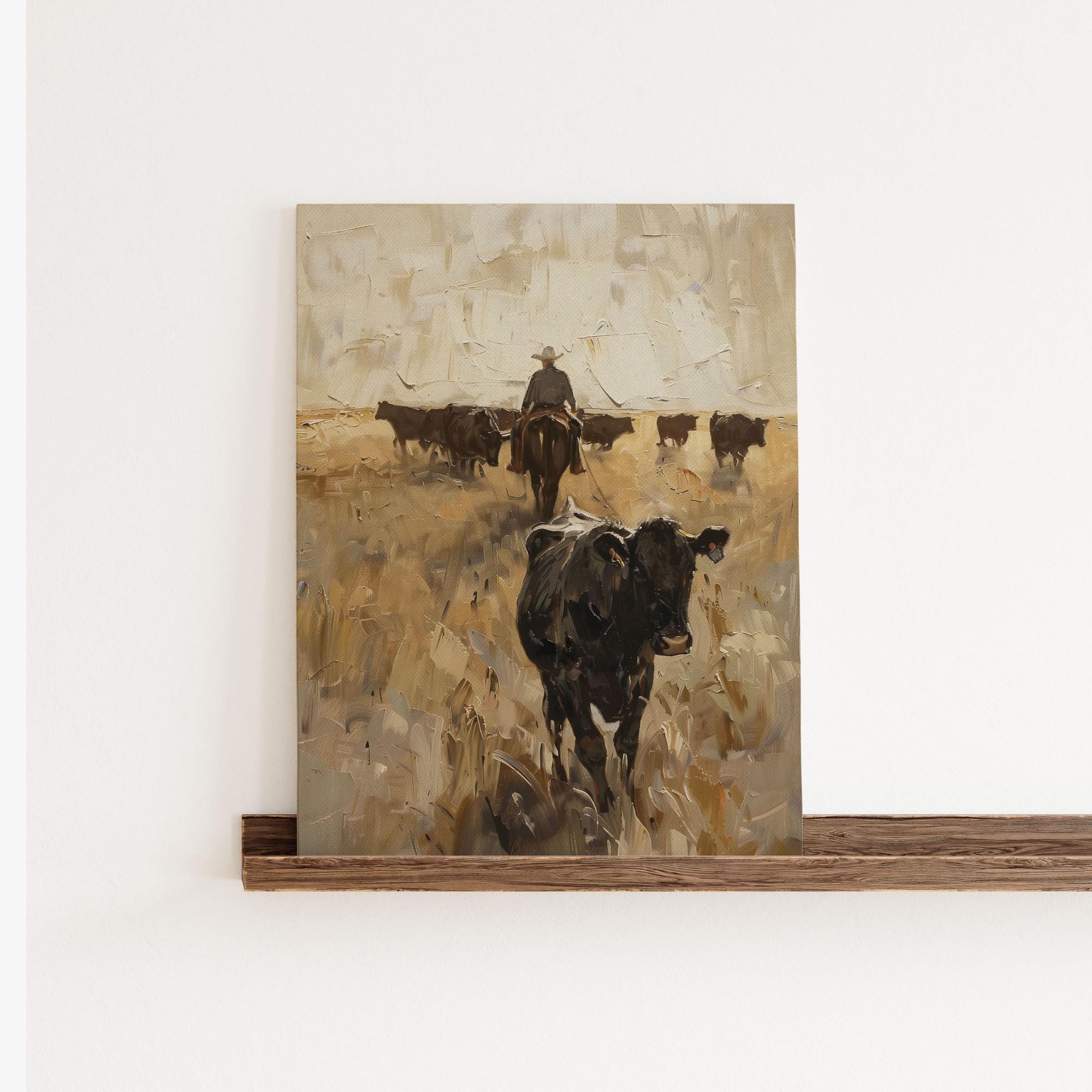 カウボーイの牛追い壁アート（印刷可能）、西部牧場の風景画、素朴な