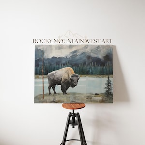 Bison Mountain Poster Print American Bison Painting Western Wall Art Decor Bison Poster Mountain Forest Wall Art Moody Nature Wall Print