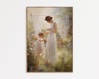 Mother and Child Nursery Wall Art, Vintage Mother Daughter Print, Cottagecore Nursery Decor, Heirloom Baby Room Art, Digital Download