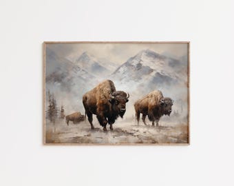 Yellowstone Bison Wall Art, American Buffalo Print, Rocky Mountain Wildlife Decor, Rustic Cabin Lodge Art, Framed Landscape