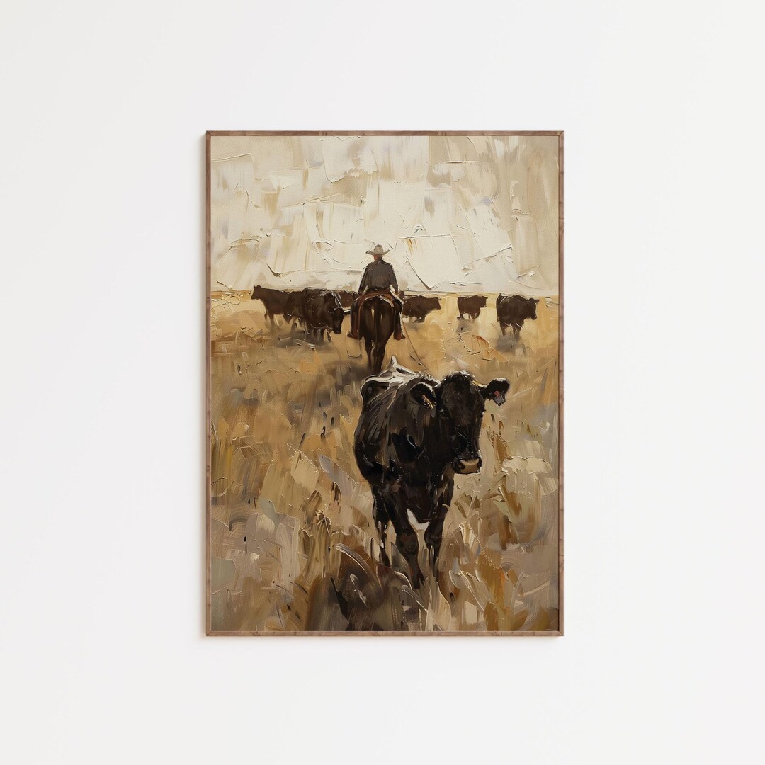 カウボーイの牛追い壁アート（印刷可能）、西部牧場の風景画、素朴な