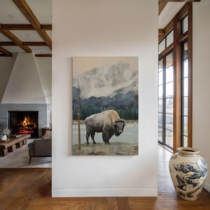 American Bison Art Print, Mountain Landscape Painting, Vintage Buffalo Print, Rustic Bison Painting, Western Bison Decor, Wildlife Wall Art