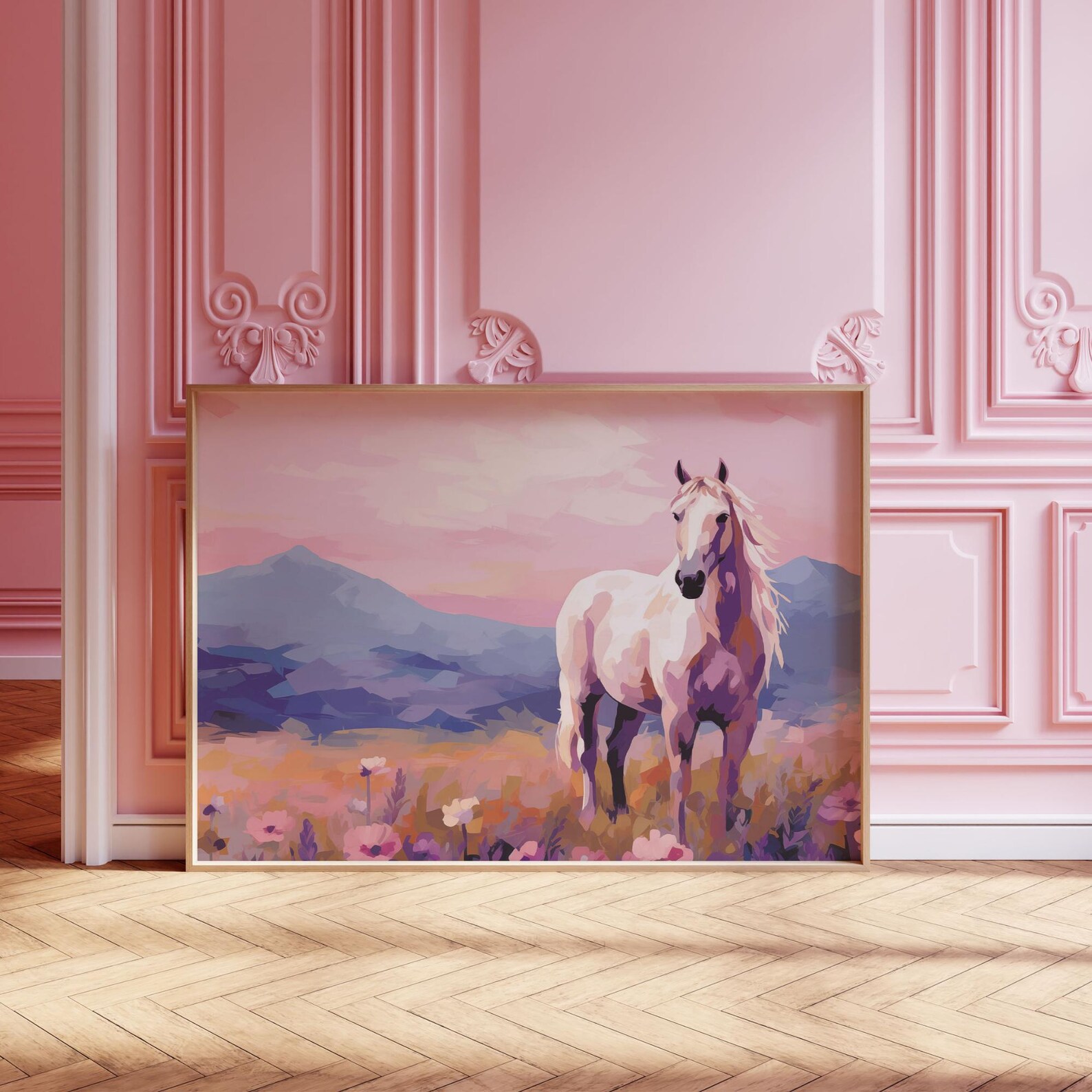 Pink Horse Wall Art Printable, Pastel Wild Horse Painting, Feminine