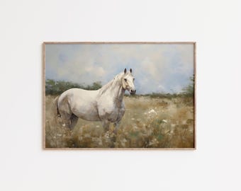 White Horse Wall Art Printable, Wildflower Meadow Horse Painting, Equestrian Country Decor, Rustic Farmhouse Art