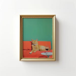 Funny Orange Cat And Wine Wall Art Cat Retro Wall Art Bar Cart Decor Retro Kitchen Decor Trendy Wall Art Dopamine Decor Cat Mom Gifts