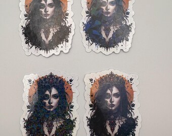 Gothic Queen Yellow/Red Vinyl Sticker | Regal Bust with Crown & Red Jewelry | Bookish Dark Academia Sticker | Haunting | Skeleton Queen