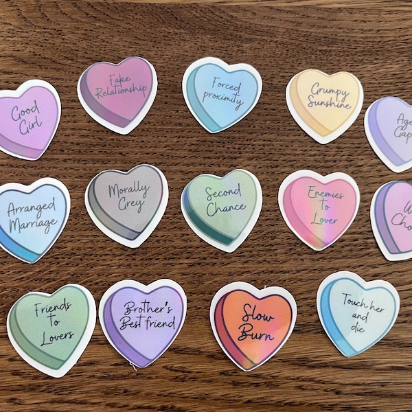 Small Romance Book Trope Hearts, Bundle or Individual Holographic Vinyl Book Sticker