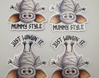 Just Winggin It Mummy Style Vinyl Book Sticker | Bat | Funny Spooky Cute | Fall Sticker | Halloween | Bookish Gift | Kindle Sticker | Autumn