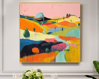 Abstract Rural Pastoral Oil Painting On Canvas, Original Colorful Painting, Field Landscape Painting, Boho Wall Art, Living Room Wall Decor